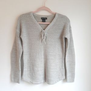 Evelyn Taylor light gray waffle knit lace up tie v neck soft cozy winter sweater